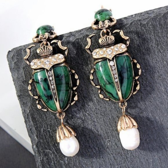 Anthropologie Green Scarab Earrings - Picture 3 of 6